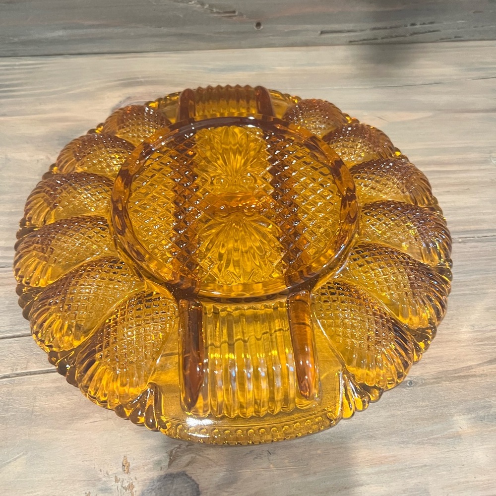Vintage Amber Glass Deviled Egg And Relish Plate - Picture 2 of 2